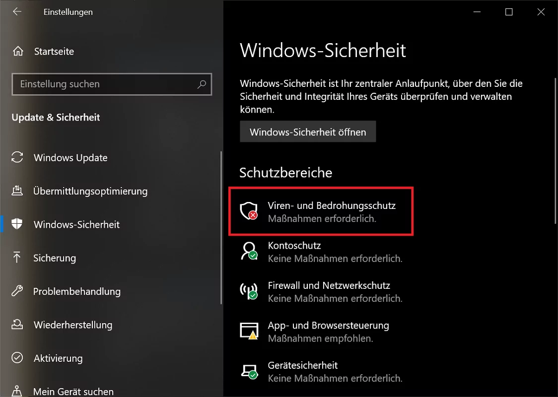 Überprüfung der Aktivität von Windows Defender auf dem Gerät