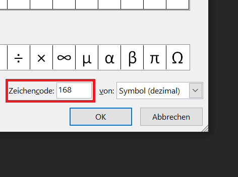 Ankreuzfeld-Symbol mit dem Zeichencode 168