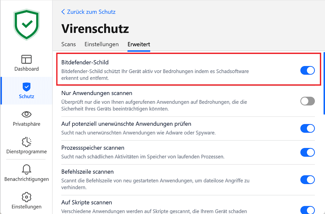 Bitdefender in den Einstellungen deaktivieren