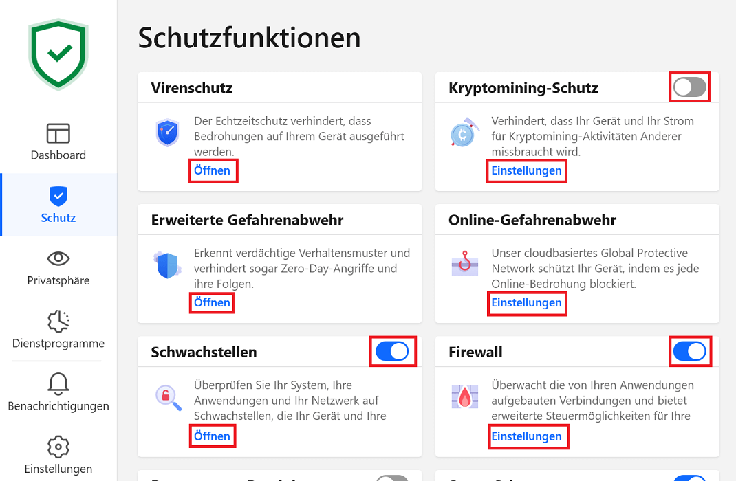 Erweiterte Schutzfunktionen in Bitdefender deaktivieren