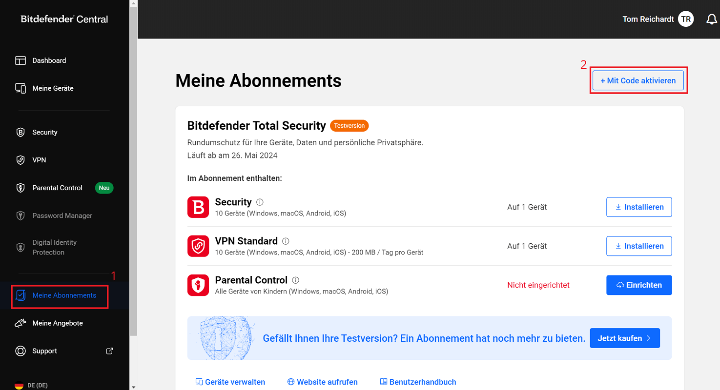 Aktivierungscode verlängern und Bitdefender aktivieren