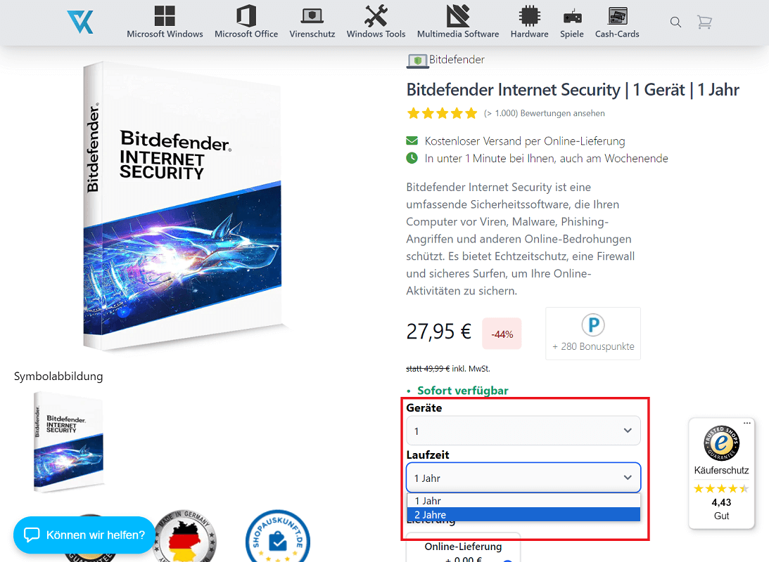 Aktivierungscode kaufen, um Bitdefender zu aktivieren