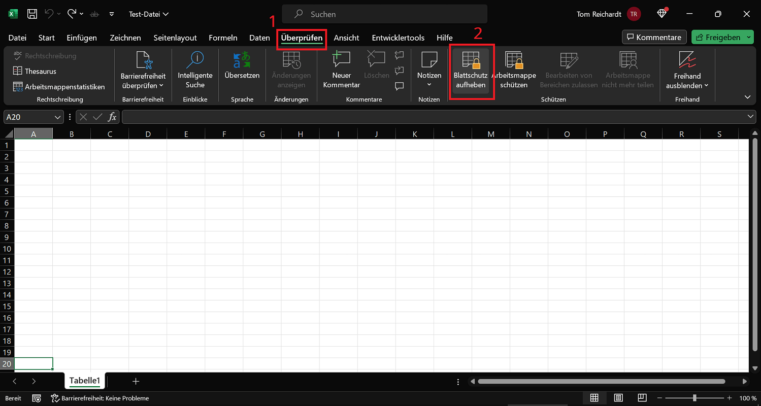 Blattschutz aufheben in Excel