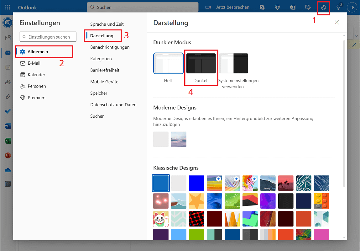 Dark Mode im Outlook im Internetbrowser aktivieren
