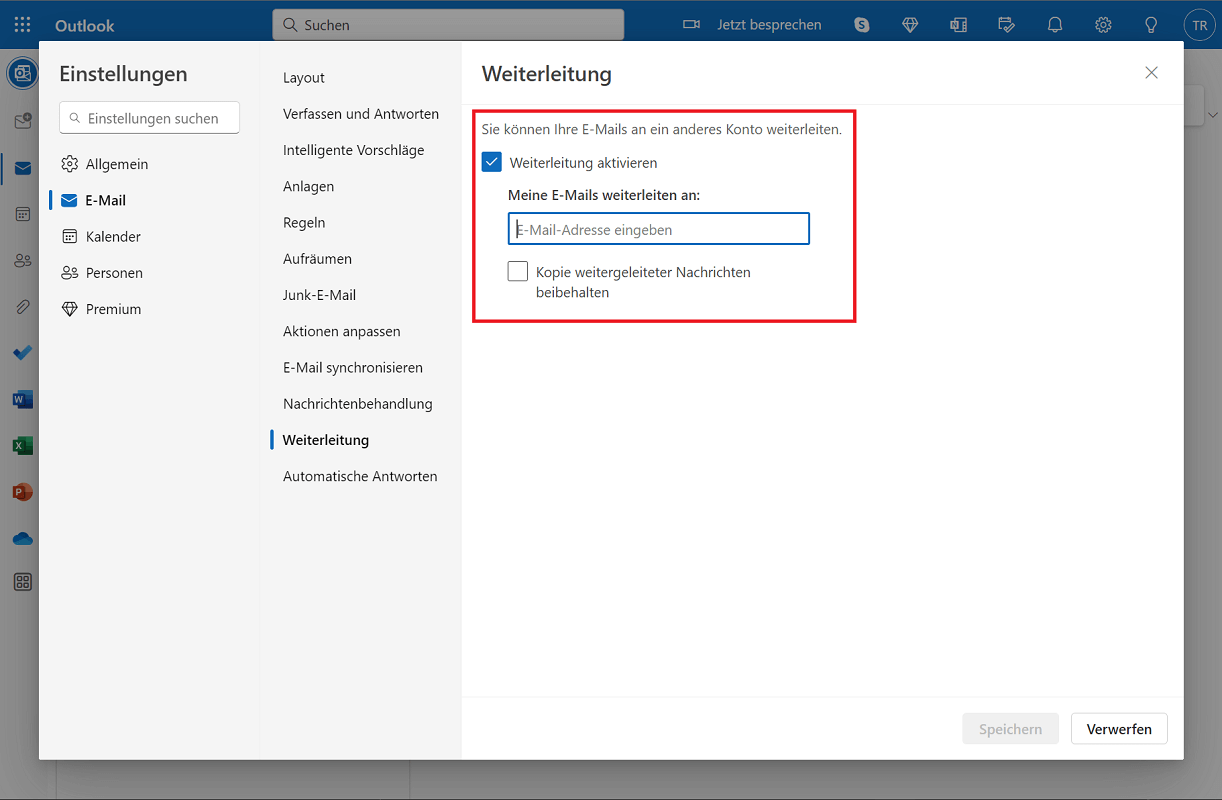E-Mail Weiterleitung in der Outlook Web-Version einrichten