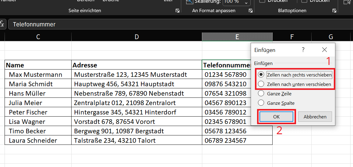 Einzelne Zelle in Zeile oder Spalte einfügen