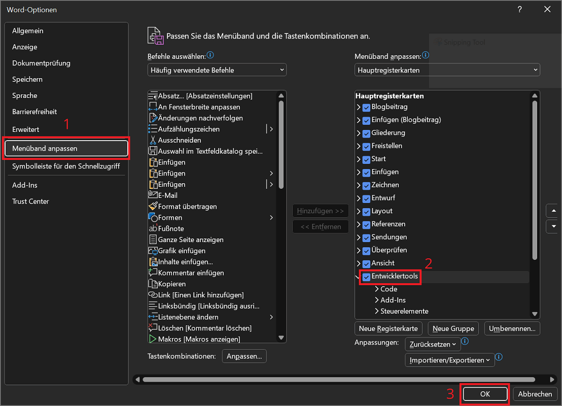 Entwicklertools in Word aktivieren