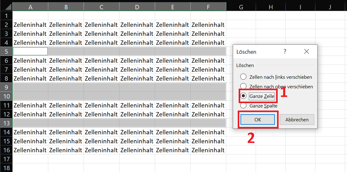 Ganze leere Zeile in Excel löschen