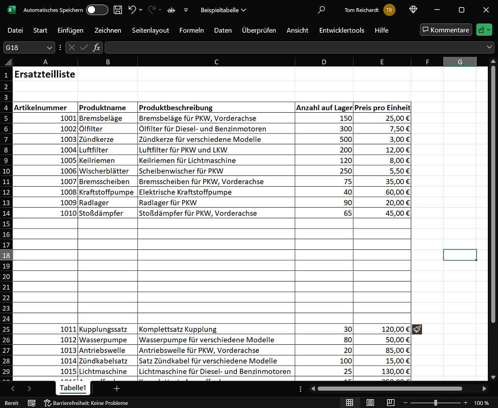 Das fertige Ergebnis beim Einf&uuml;gen von mehreren Zeilen in Excel