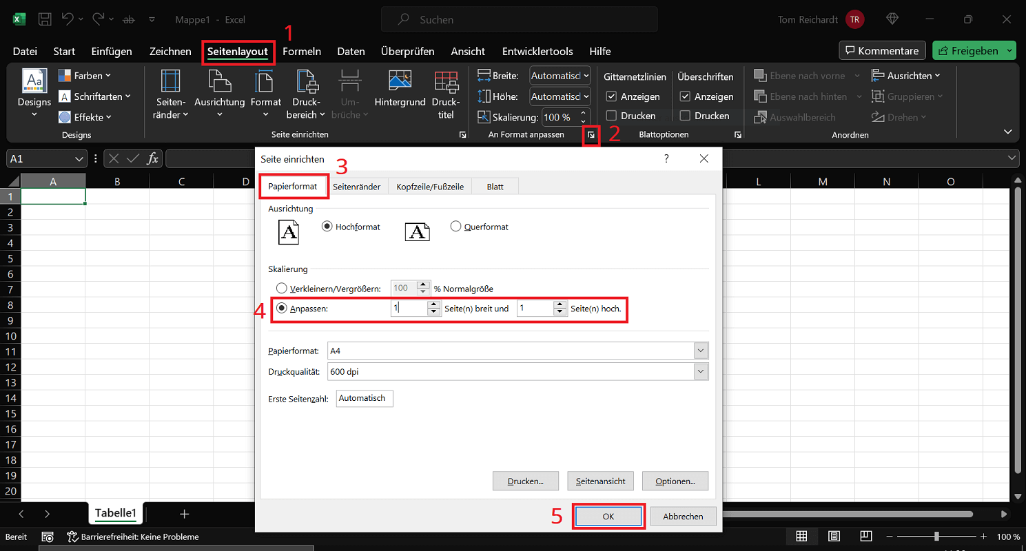 Excel-Tabelle in PDF auf eine Seite umwandeln