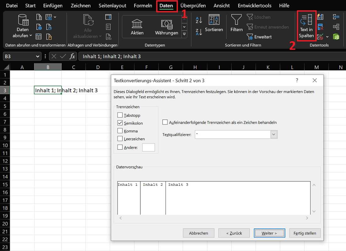 Zelle in Excel mit dem Textkonvertierungs-Assistent teilen