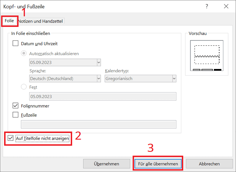Foliennummer auf der Titelfolie ausblenden