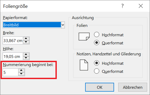 Foliennummerierung in PowerPoint mit einer bestimmten Zahl beginnen