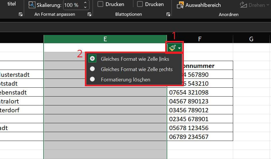 Formatierungsoptionen für eine neue Zeile oder Spalte