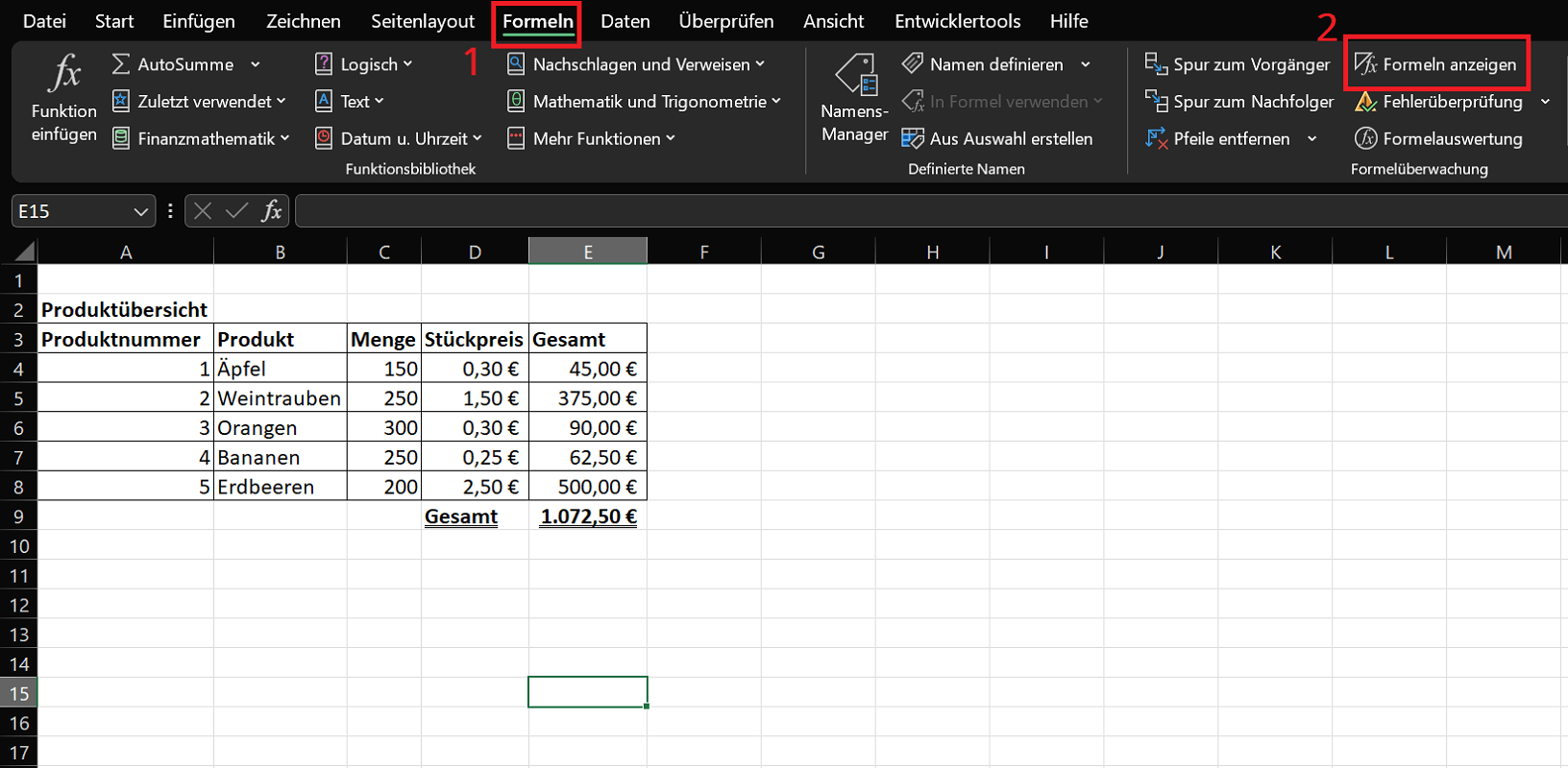 Formeln in Excel anzeigen