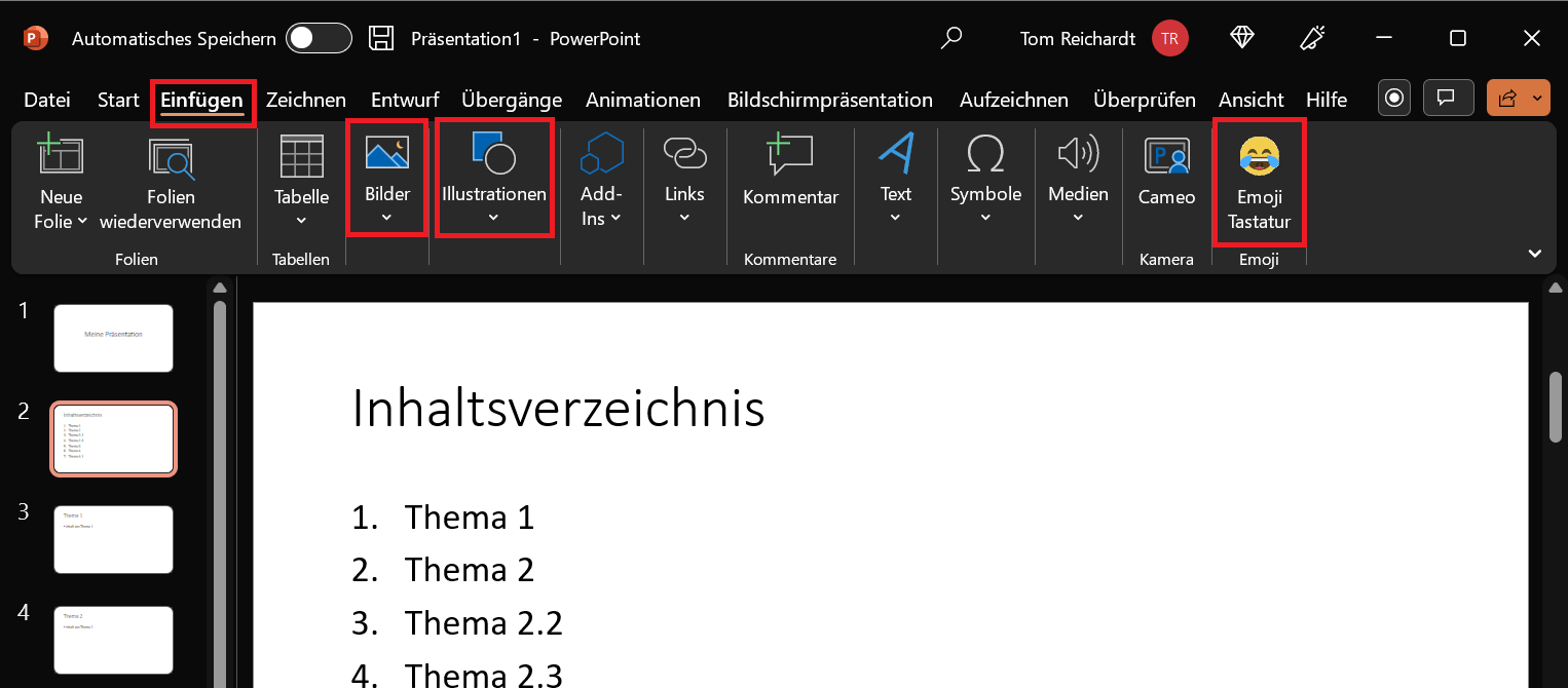 Icons, Bilder, Formen und Emojis einf&uuml;gen