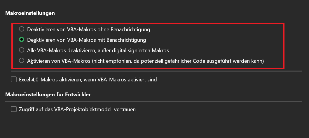 Individuelle Makro Sicherheitseinstellungen in Excel