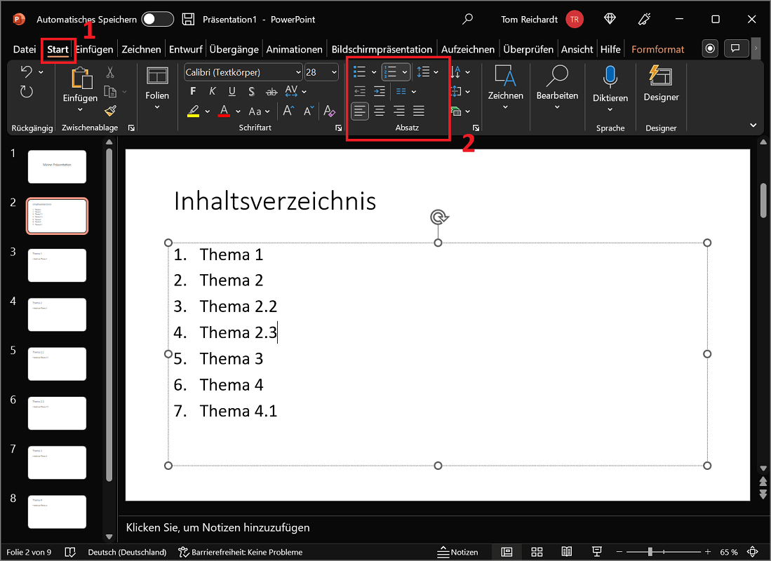 Nummerierung oder Aufz&auml;hlungszeichen in PowerPoint hinzuf&uuml;gen