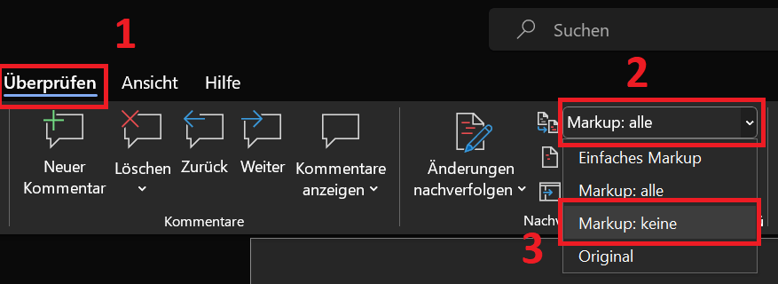 Kommentare und Markups in Word ausblenden