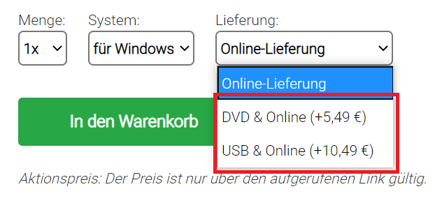 Microsoft Office Bestelloption als DVD oder USB-Stick