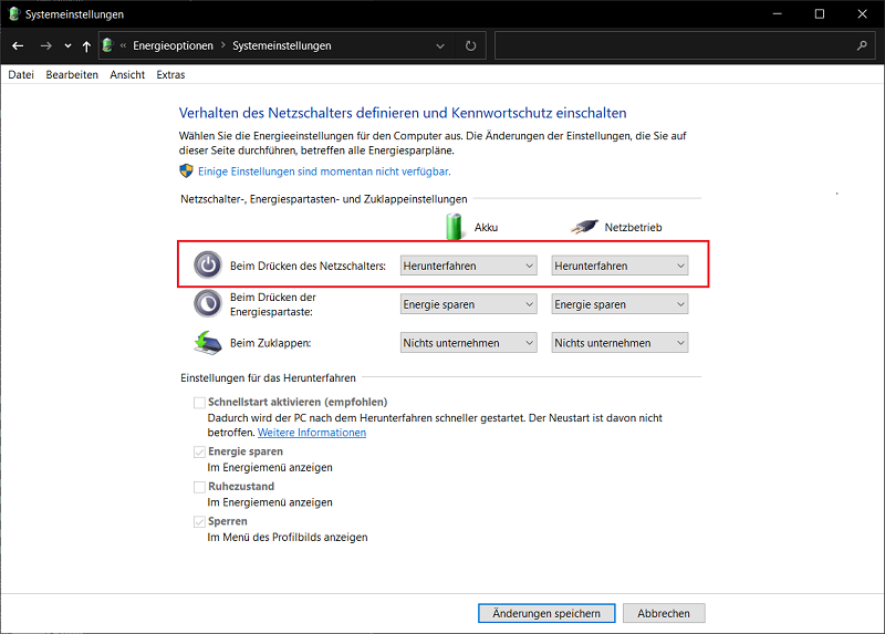Netzschalter Konfiguration f&uuml;r das schnelle Herunterfahren von Windows 10