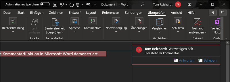 Neuen Kommentar in Microsoft Word einf&uuml;gen