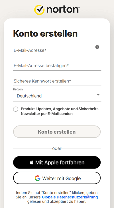 Norton Account/Konto erstellen