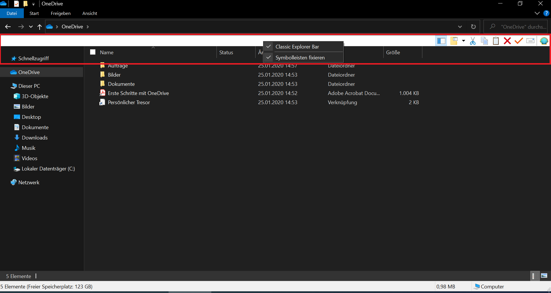 Im Windows 10 Explorer die Menüleiste von Open Shell entfernen