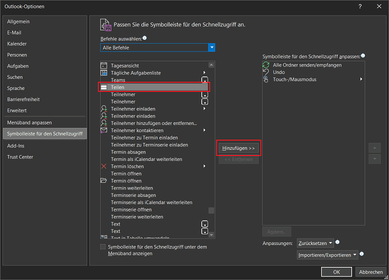 Teilen-Funktion in den Outlook Einstellungen hinzufügen