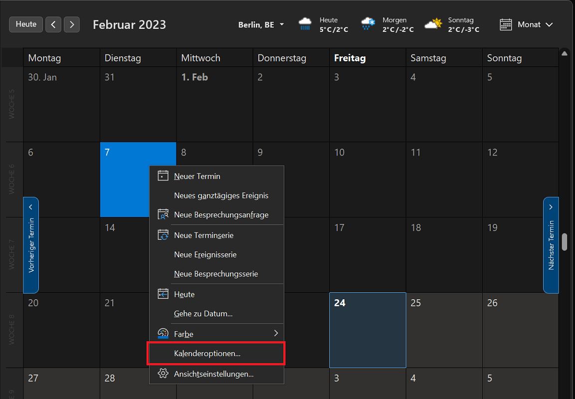 In Outlook die Kalenderwoche &uuml;ber das Kontextmen&uuml; anzeigen und aktivieren