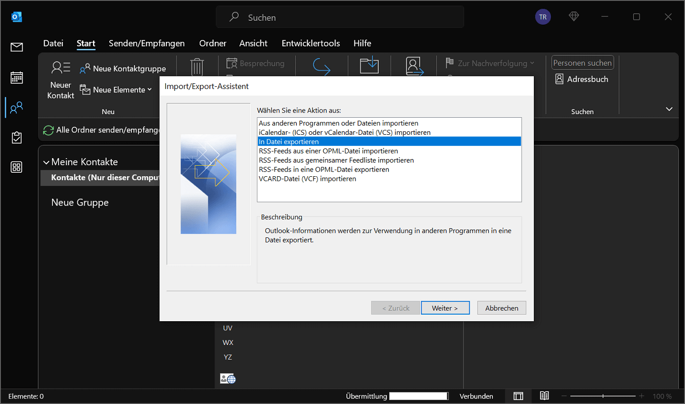 Outlook Kontakte exportieren mit dem Import-Export-Assistent