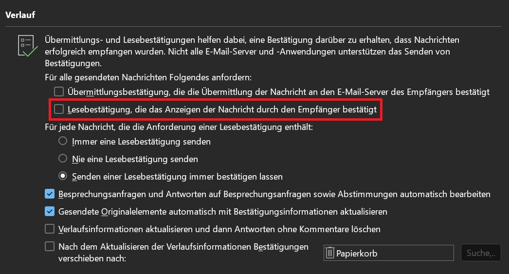Outlook Lesebestätigung deaktivieren
