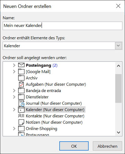 Neuen Kalender in Outlook hinzuf&uuml;gen