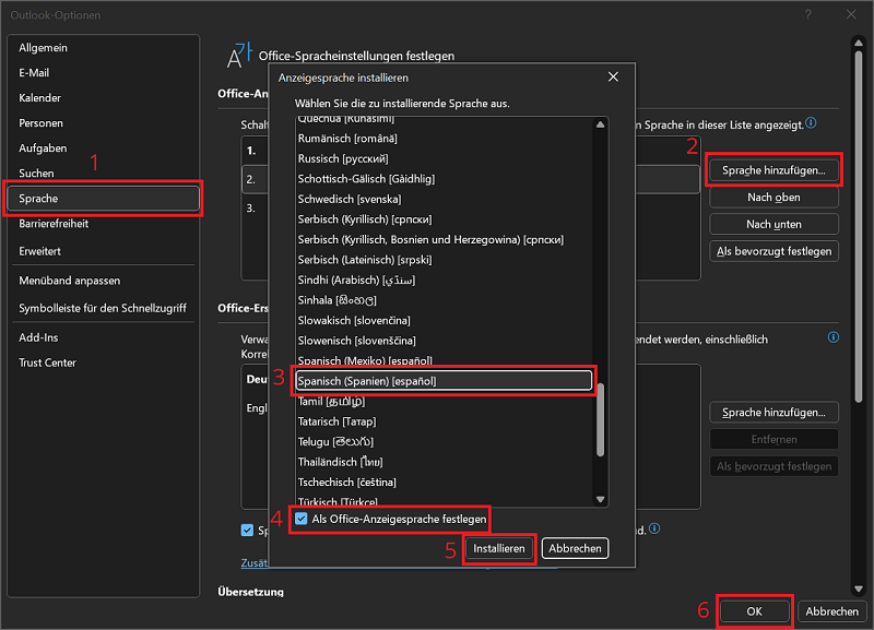 Weitere Sprachpakete in Outlook hinzufügen
