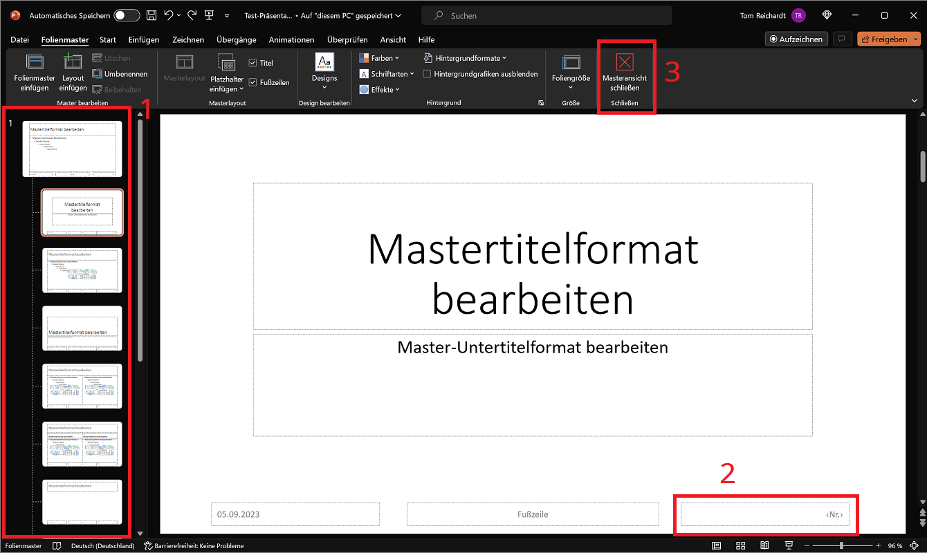 Position der Foliennummer im Folienmaster ändern