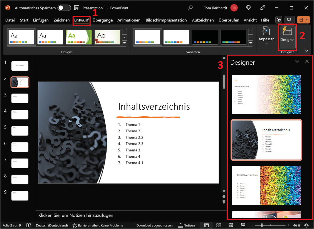 Mit dem Designer eine Vorlage f&uuml;r das PowerPoint Inhaltsverzeichnis ausw&auml;hlen