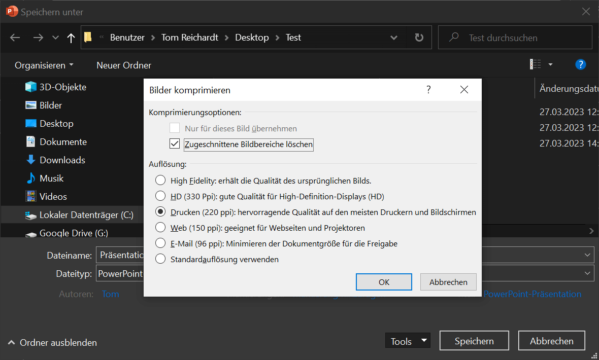 PowerPoint Pr&auml;sentation in den Optionen komprimieren