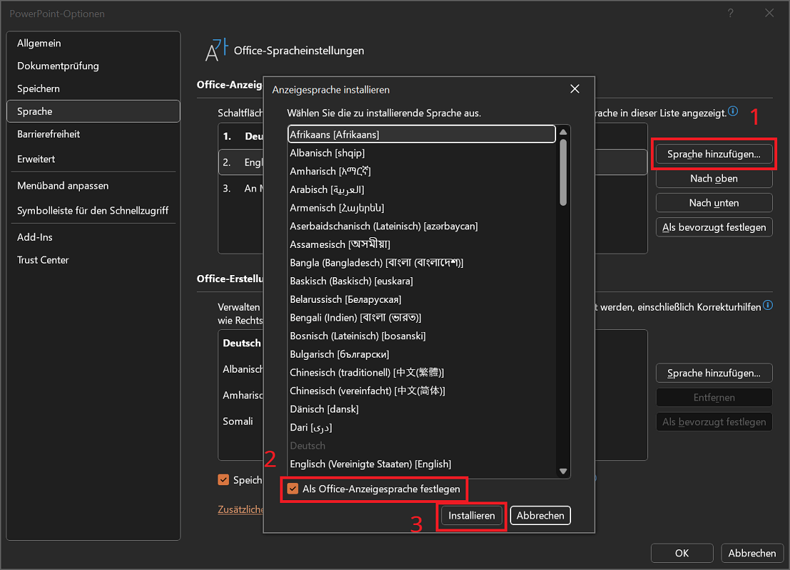 Neue Anzeigesprache in PowerPoint installieren