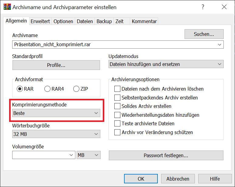 PowerPoint Pr&auml;sentation mit WinRar komprimieren