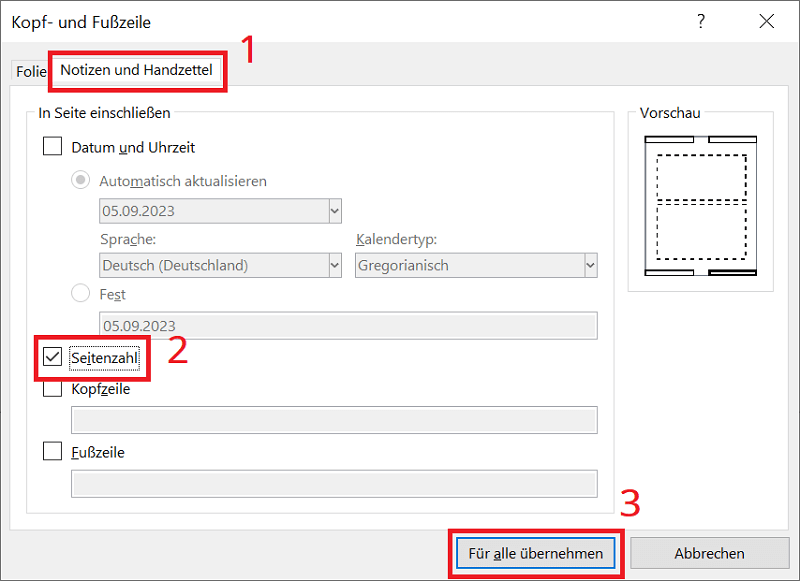 PowerPoint Seitenzahl im Bereich Notizen und Handzettel einfügen