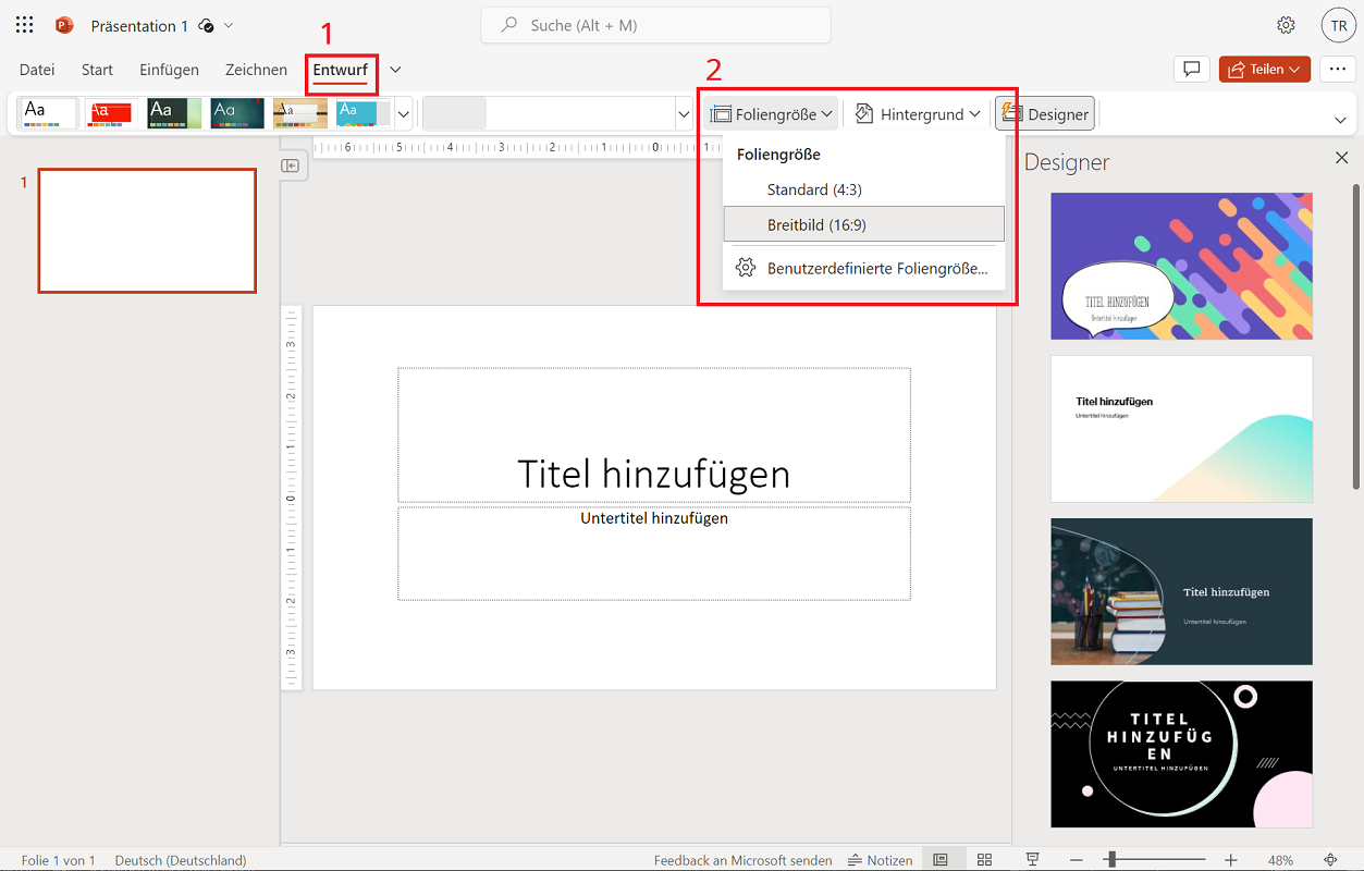 In der PowerPoint Web-Version das Format ändern