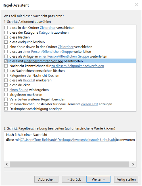 Regel Assistent zur Einrichtung einer Abwesenheitsmail mit eigener Vorlage