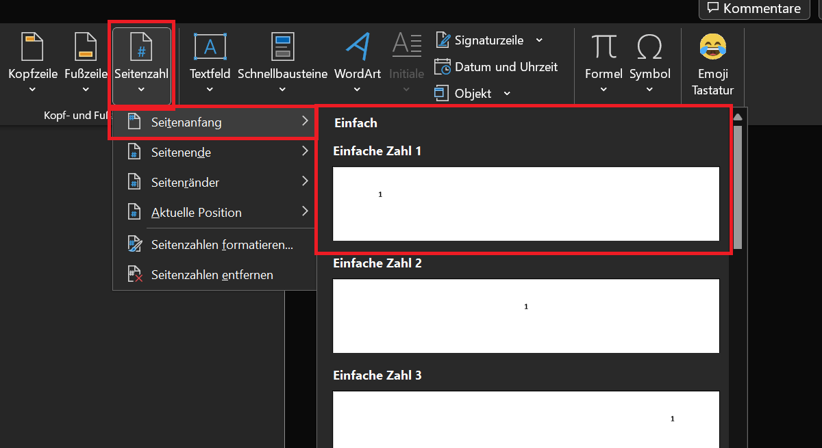 Seitenzahlen einf&uuml;gen in Word