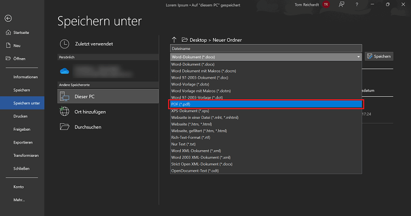 &Uuml;ber die Speichern unter-Funktion Word als PDF Dateityp sichern
