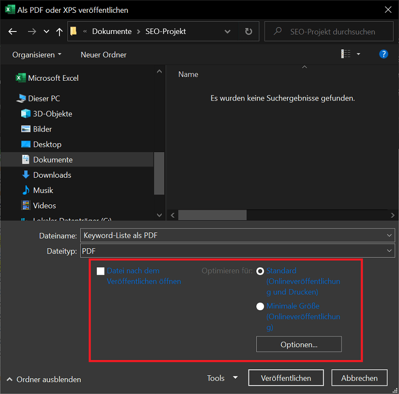Speicheroptionen zur Umwandlung von Excel zu PDF
