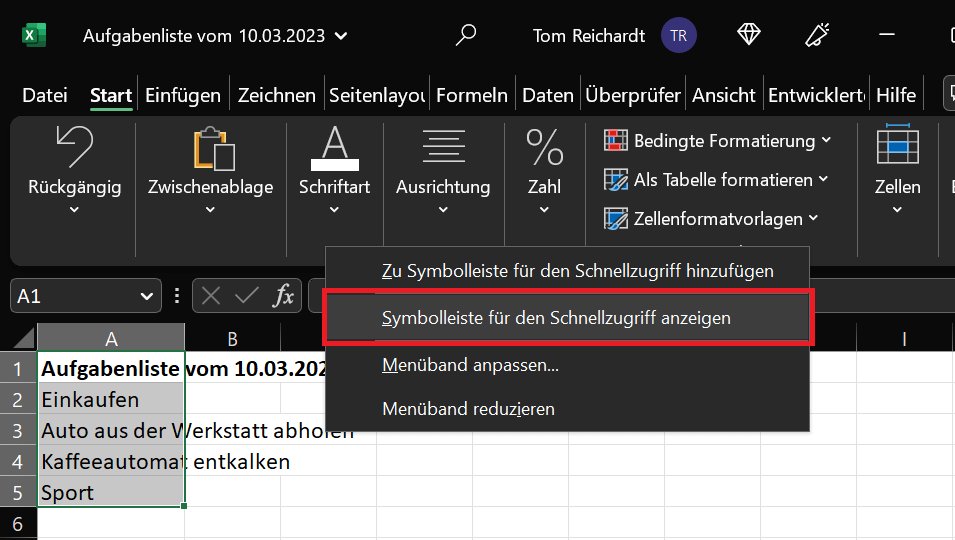 Symbolleiste für den Schnellzugriff aktivieren