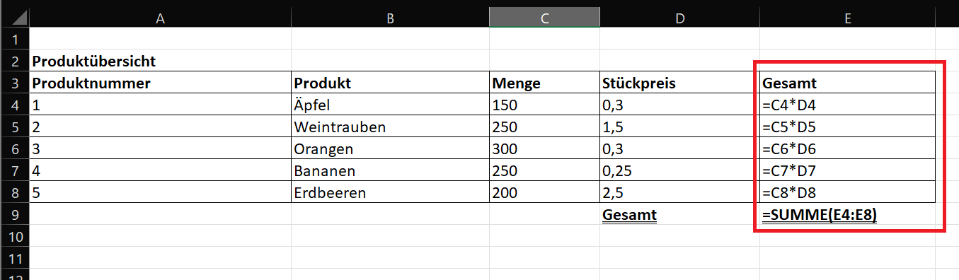 Tabelle nach der Formelaktivierung