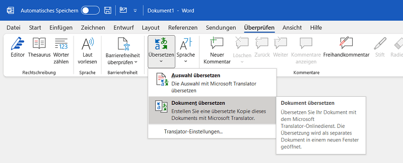 &Uuml;bersetzungen mit dem Translator in Office 2019 Anwendungen wie Word, Excel und PowerPoint
