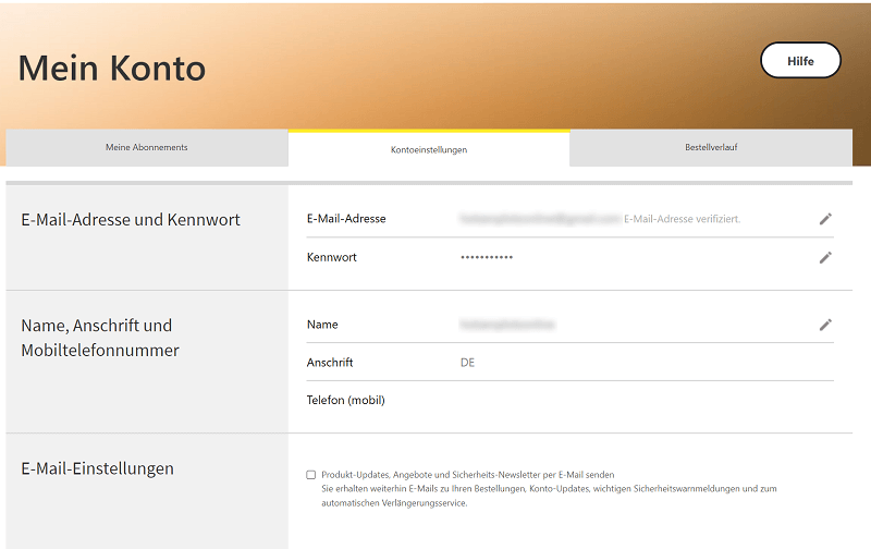 Übersicht im Norton Account mit Abonnements, Kontoeinstellungen & Bestellverlauf