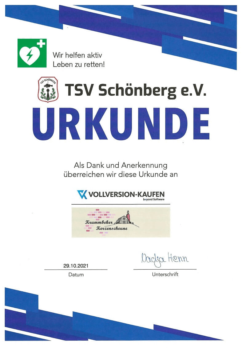Urkunde des TSV Schönberg an Vollversion-Kaufen für den neuen Defibrillator